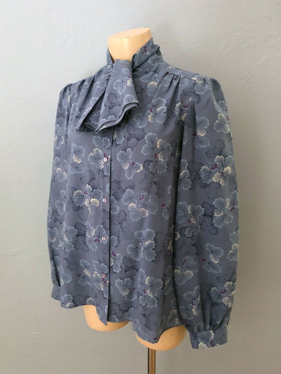 vintage 80s floral tie neck blouse | size large |… - image 5