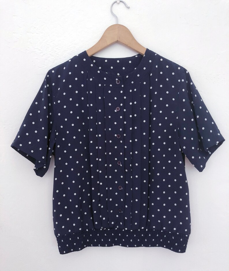 Vintage 80s Navy White Polka Dot Banded Bottom Blouse Womens Size Medium Large