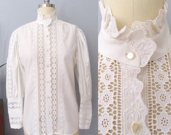 1950s Adelaar Victorian embroidered lace high neck blouse | medium |  Edwardian cottagecore lace blouse romantic white lace top