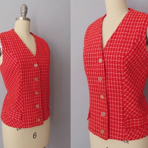 1960s orange woven wool tweed vest top | size medium | wool tweed houndstooth plaid pattern