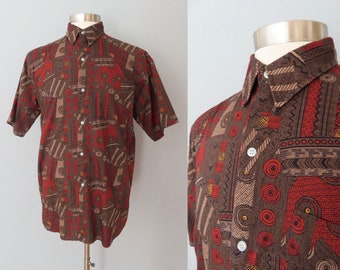 1980s mens abstract print button up shirt short sleeve | mens large | rockabilly | Christmas gift