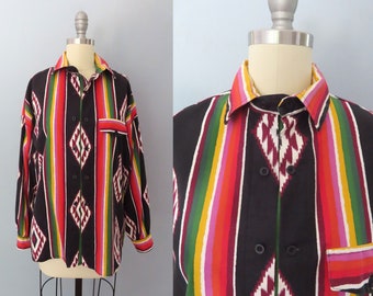 1970s Roper button up western shirt | women large men medium | western Navarro print cowboy shirt rainbow stripe Aztec Western unisex shirt