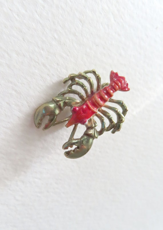 vintage 80s lobster brooch pin | enameled red gold