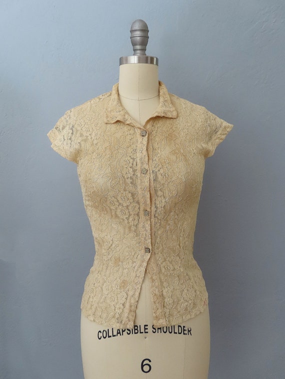 1940s 50s beige nylon lace buttonup blouse | size… - image 5