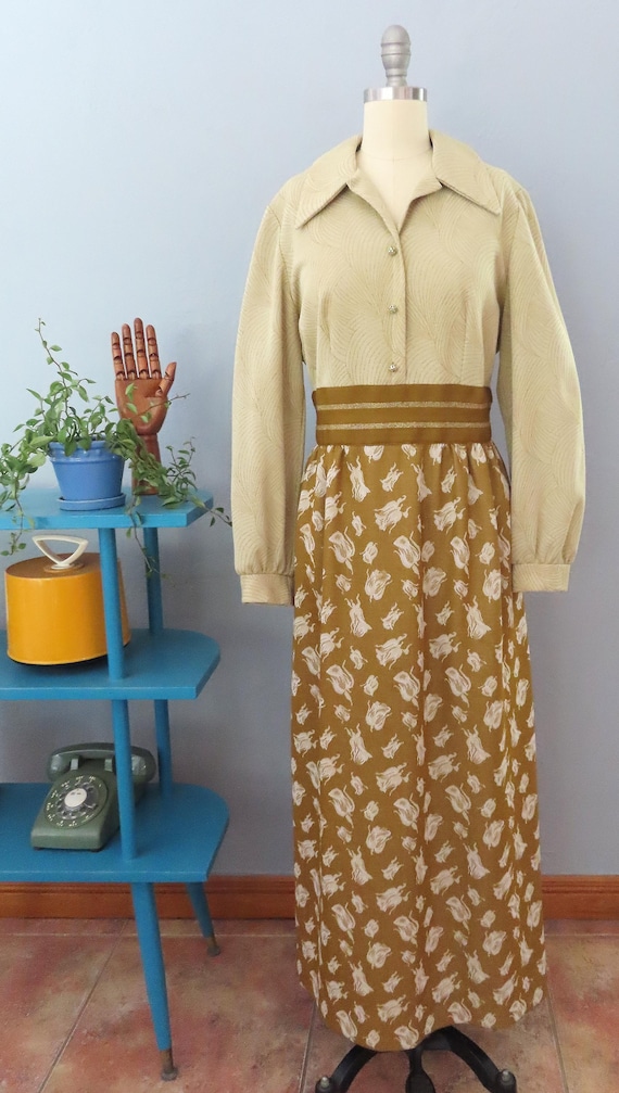 1960s Leslie Fay Knit Maxi Dress: Mustard Gold Floral Hostess Gown