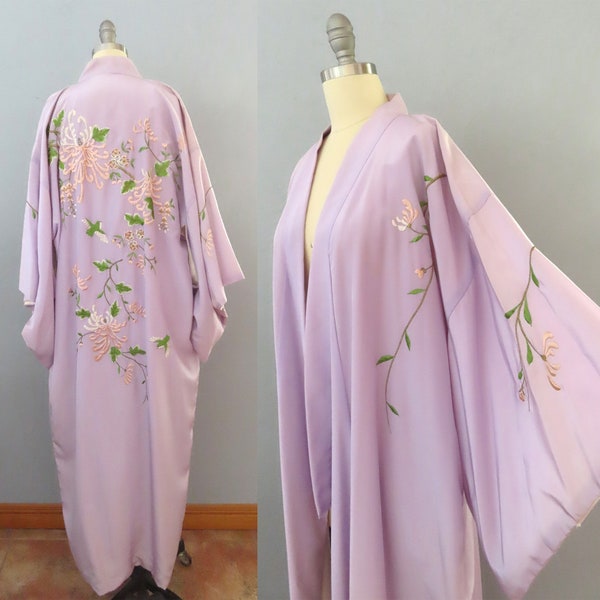 1980s purple Japanese Haori kimono floral robe jacket | large | made in Japan purple kimono lounge wear dressing gown gift for her