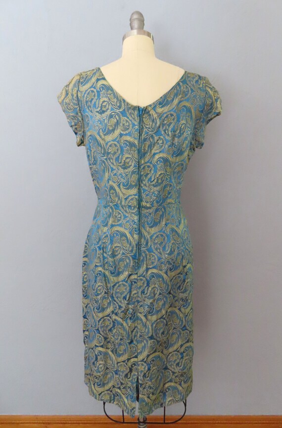 vintage 50s metallic brocade floral wiggle dress … - image 9