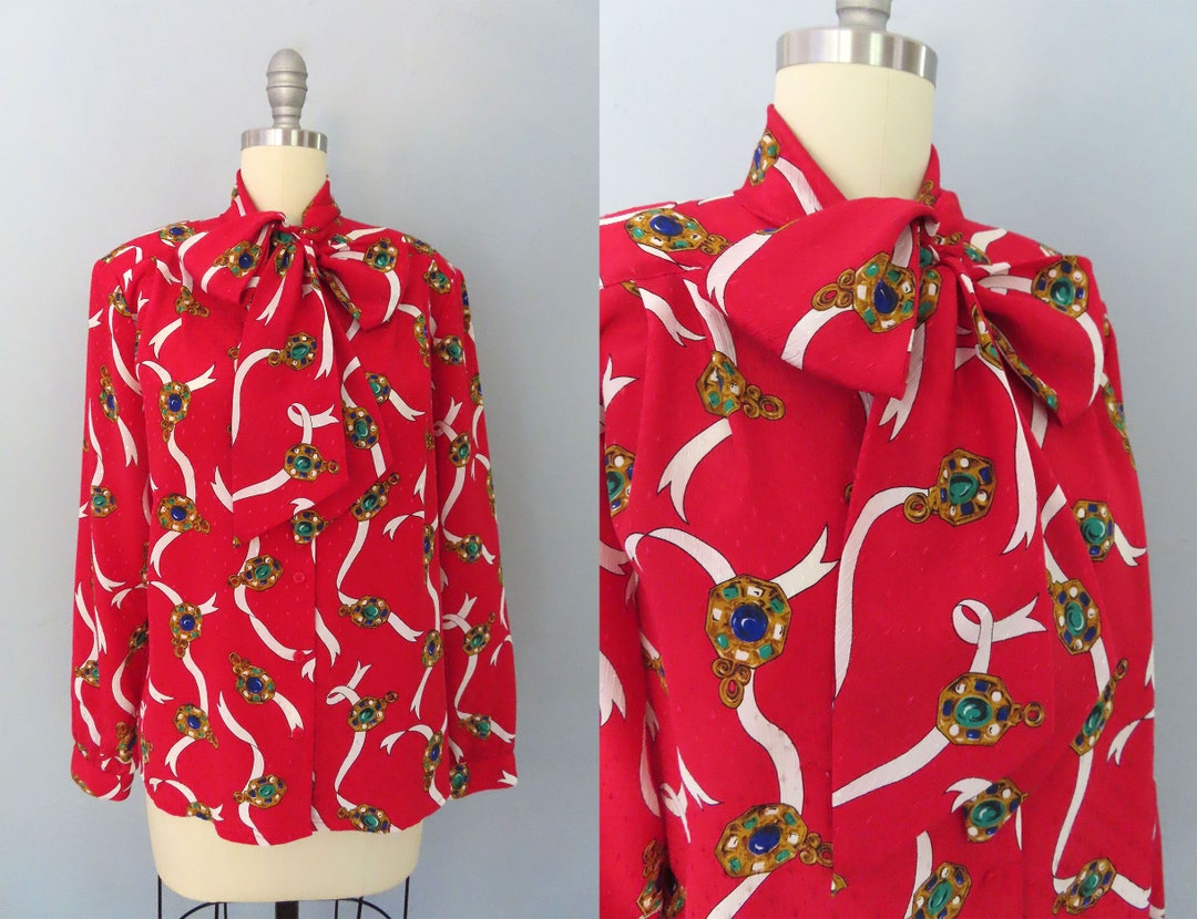 Vintage 80s Red Jewel Print Tie Neck Blouse Size Large Etsy