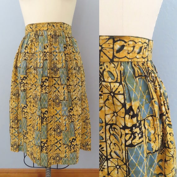 1980s yellow blue abstract print batik skirt | si… - image 1