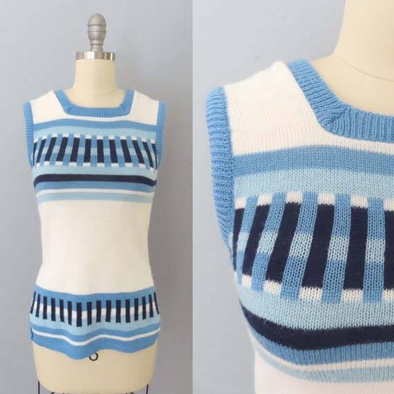 1960s blue striped pullover sweater vest top | sm… - image 1