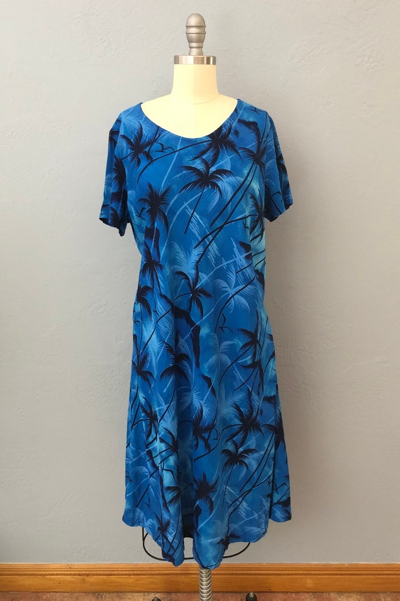 1980s blue hawaiian dress | size large | tropical… - image 2