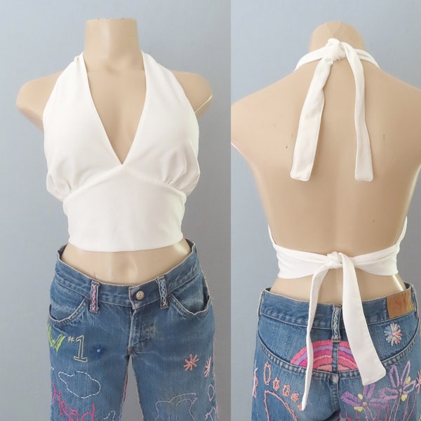 1970s white halter top | size medium | backless top 1970s hippie boho bohemian