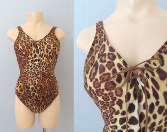 Maillot de bain une pièce léopard à lacets des années 1980 | petit moyen | maillot de bain rockabilly léopard