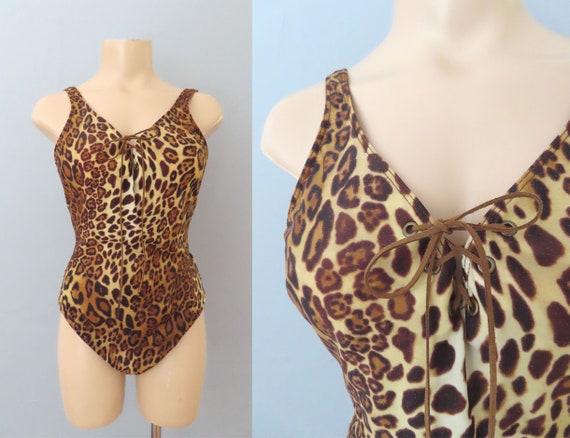 1980s lace up leopard one piece swimsuit swim pin… - image 1