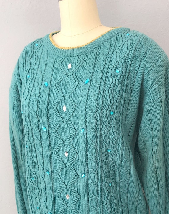 1980s blue green knit sweater skirt set | small |… - image 5