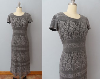 1980s silver metallic lace cocktail midi dress | size medium | sparkly party dress 1980s disco party dress party dress