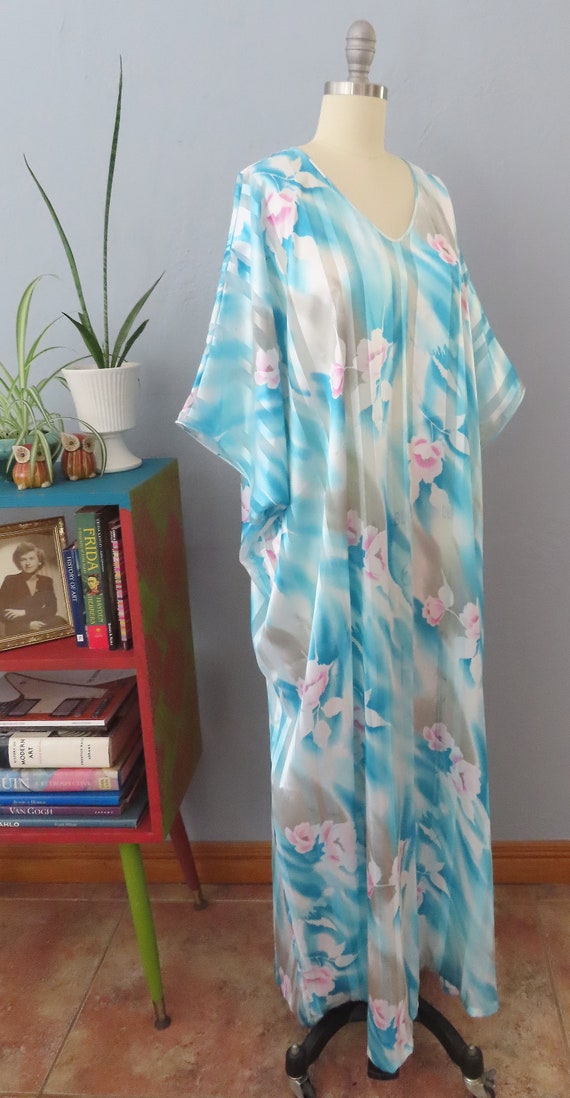 1980s Mary McFadden blue floral striped kaftan dr… - image 5