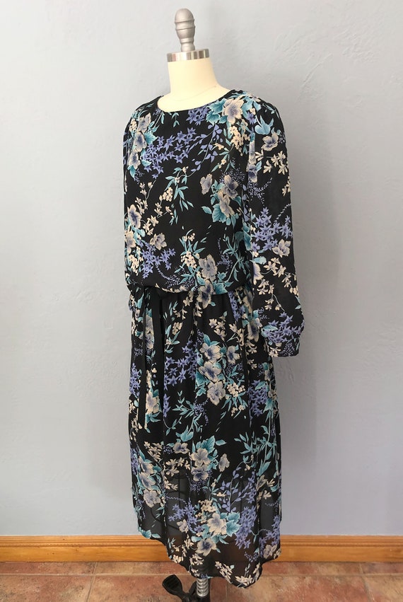 1970s black floral day dress | size large | dark … - image 4
