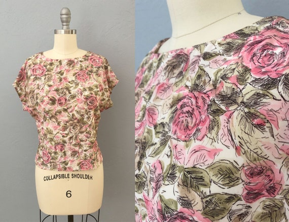 vintage 70s floral cropped blouse | medium | 70s