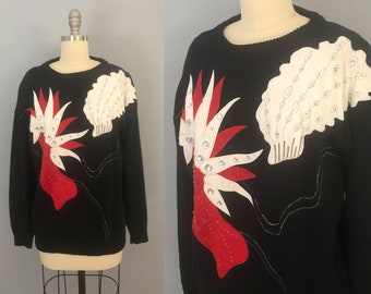 vintage 1980s abstract floral applique sweater | womens large | 80s novelty top | 80s oversized