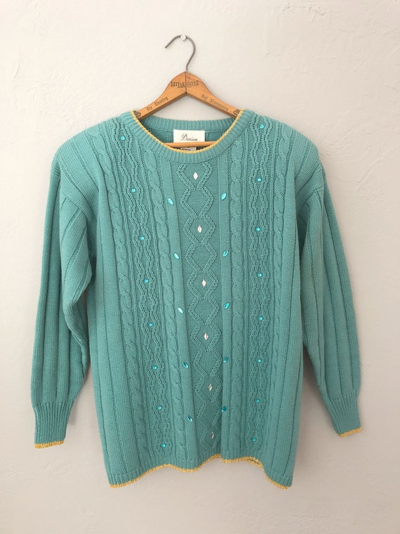 1980s blue green knit sweater skirt set | small |… - image 9