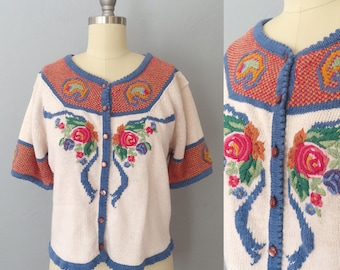 1980s floral hand embroidered cardigan sweater | medium | Cottagecore Romantic Victorian Floral Knit Sweater