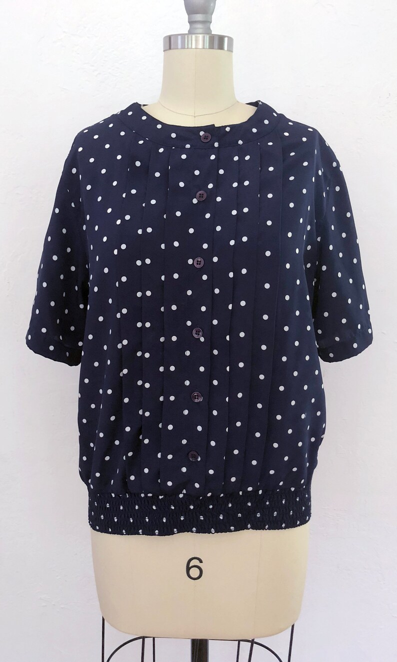 Vintage 80s Navy White Polka Dot Banded Bottom Blouse Womens Size Medium Large