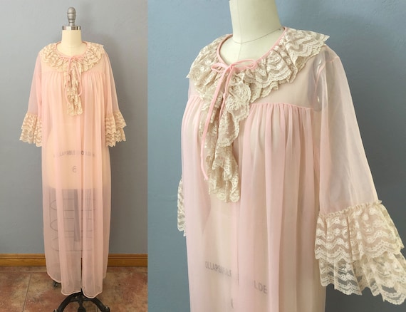 vintage 50s sheer lace ruffle peignoir robe | size