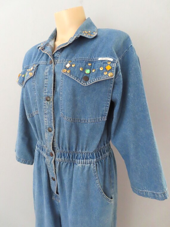 1980s rhinestone studded denim overall jumpsuit |… - image 8