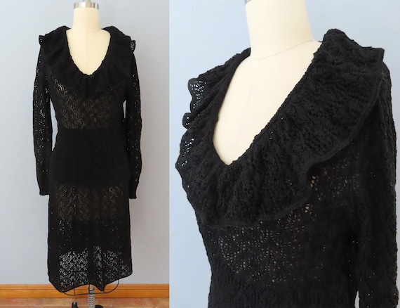 1970s black crochet top skirt set dress | size me… - image 1