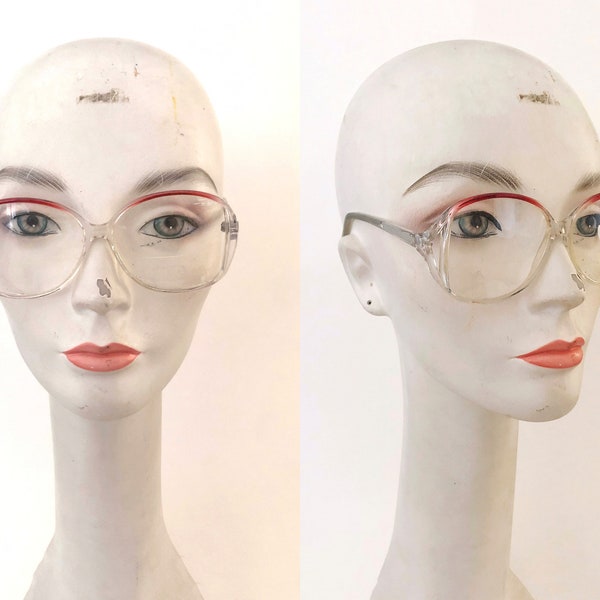 1970s retro oversized eyeglass plastic frames red clear face | oversized eyeglass frames 70s 80s old lady glasses oversized round