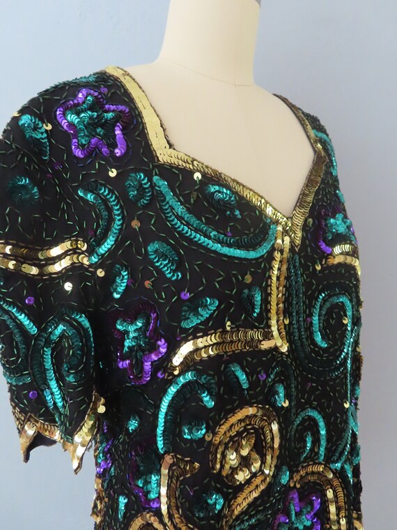 vintage 80s silk sequin beaded floral blouse top … - image 5