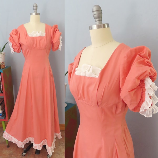 1970s unfinished pink ruffle maxi dress | size medium | Victorian cottagecore prom open back dress costume deconstructed dress imperfect DIY