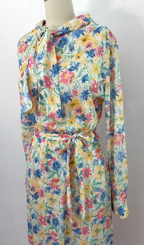 vintage 60s tie neck floral day dress | size larg… - image 3