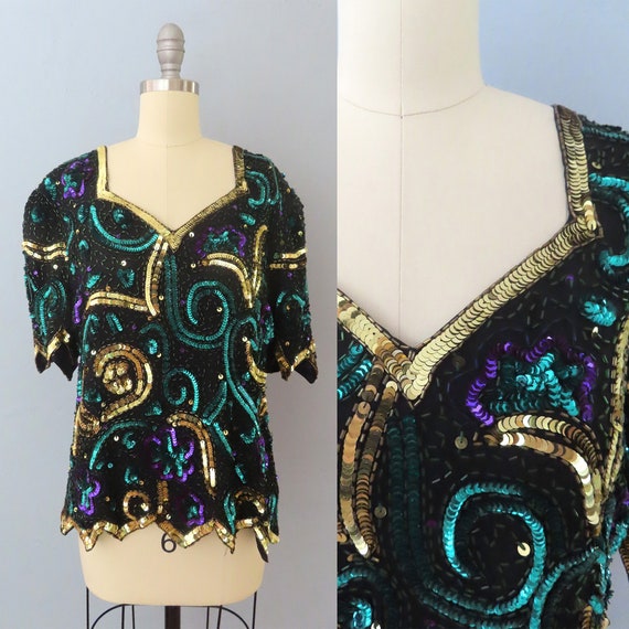 vintage 80s silk sequin beaded floral blouse top … - image 1