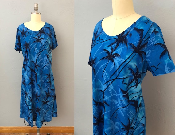 1980s blue hawaiian dress | size large | tropical… - image 1