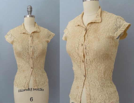 1940s 50s beige nylon lace buttonup blouse | size… - image 1