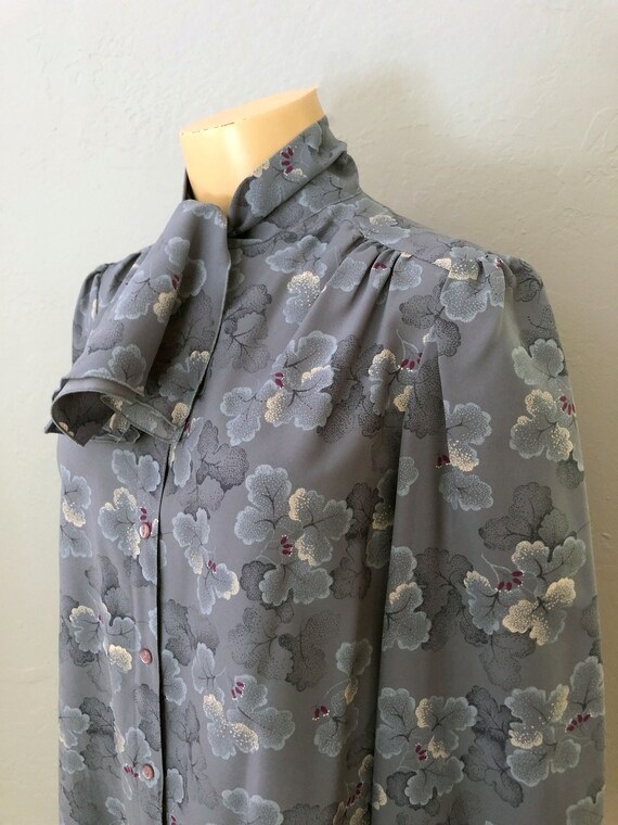 vintage 80s floral tie neck blouse | size large |… - image 2