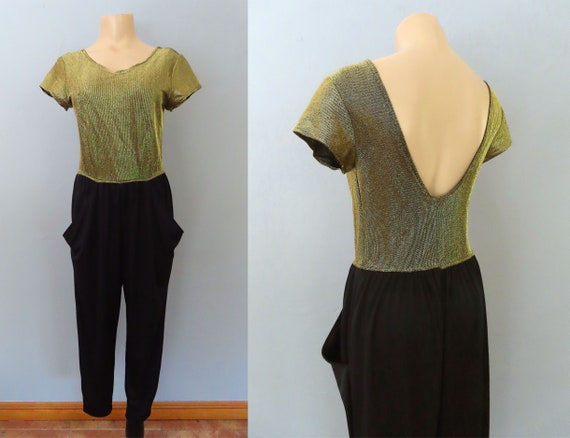 1970s disco black and gold jumpsuit | size medium… - image 1