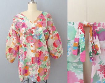 1970s floral print tunic blouse open back smock | size large | Japan apron top balloon sleeves