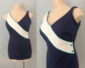 1980s one piece swimsuit romper swim dress | size medium | mod preppy skirted swim dress