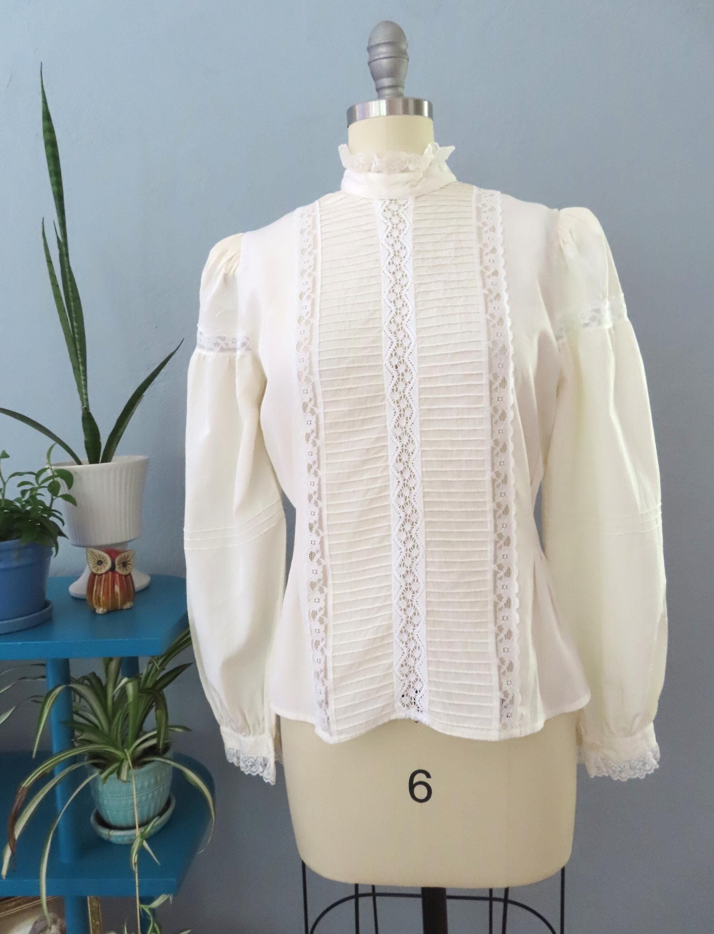 1980s off White Lace High Neck Silk Blouse | Large L 1980s off White Lace High Neck Silk Blouse | Large L