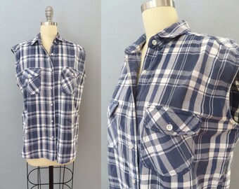 vintage 80s blue plaid sleeveless shirt | size large | boho western cowboy blue plaid buttonup cropped top