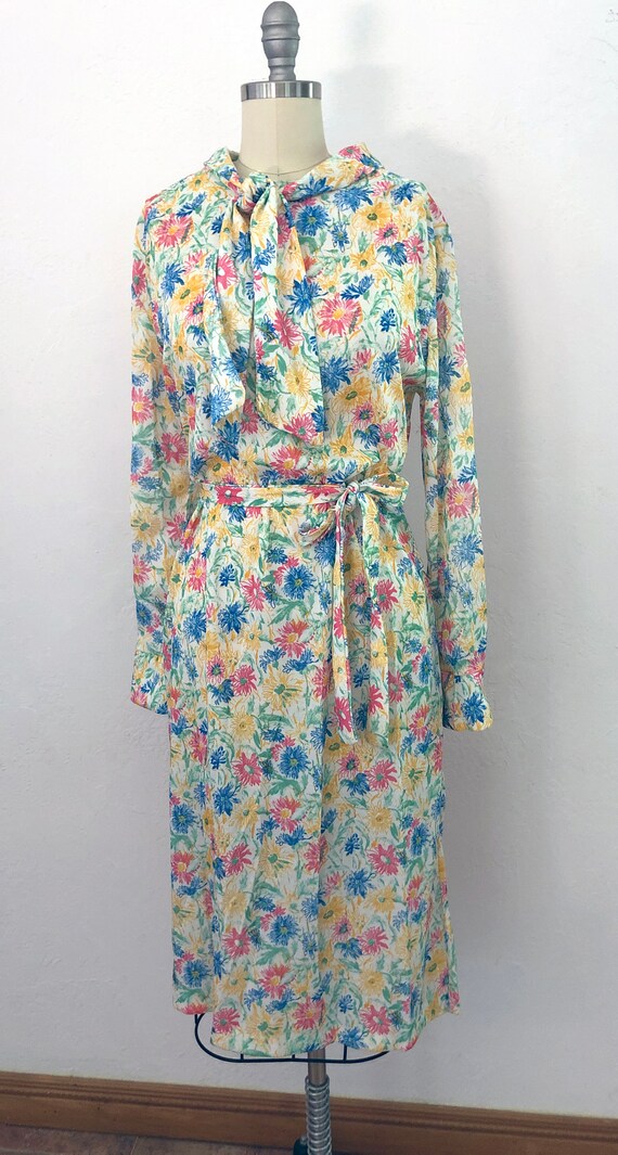 vintage 60s tie neck floral day dress | size larg… - image 2