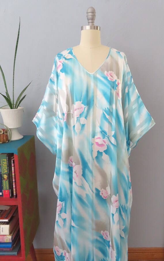 1980s Mary McFadden blue floral striped kaftan dr… - image 3