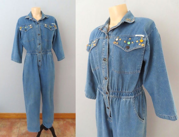 1980s rhinestone studded denim overall jumpsuit |… - image 1