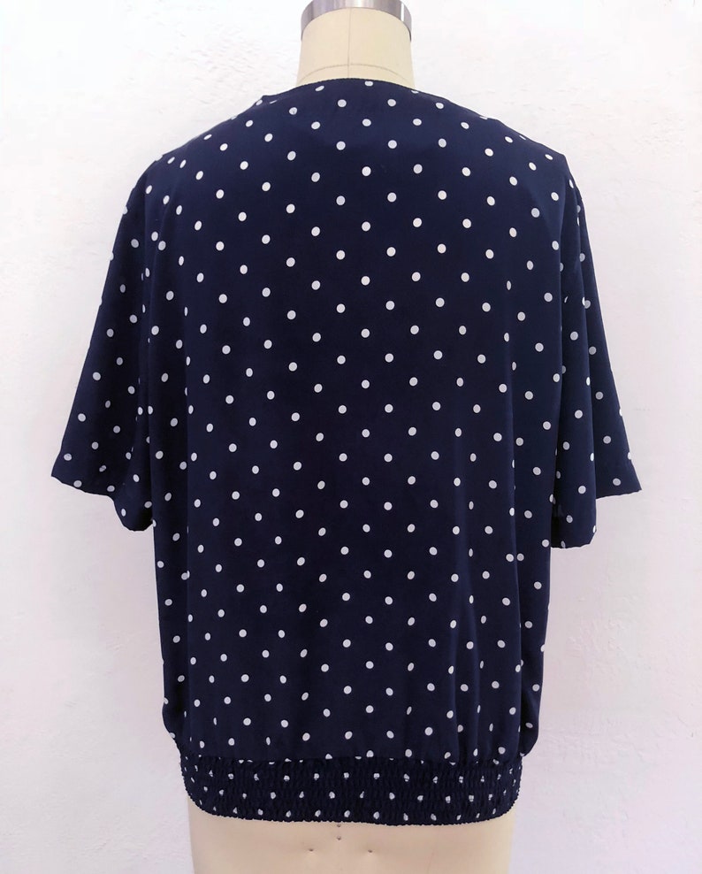 Vintage 80s Navy White Polka Dot Banded Bottom Blouse Womens Size Medium Large