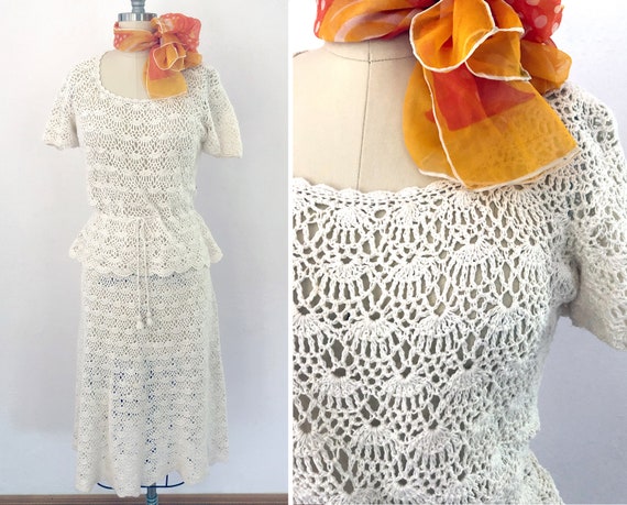 vintage 70s 2 piece bohemian crochet top skirt set