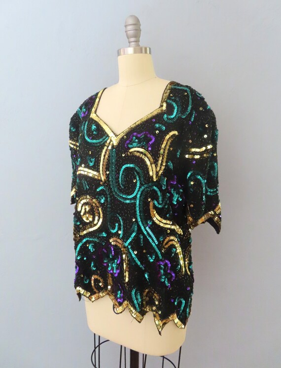 vintage 80s silk sequin beaded floral blouse top … - image 4