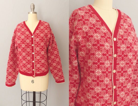 1990s Gap red floral cardigan sweater long sleeve… - image 1